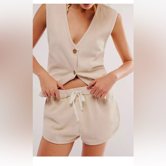 Free People Cream Button-Up Vest and Shorts Set